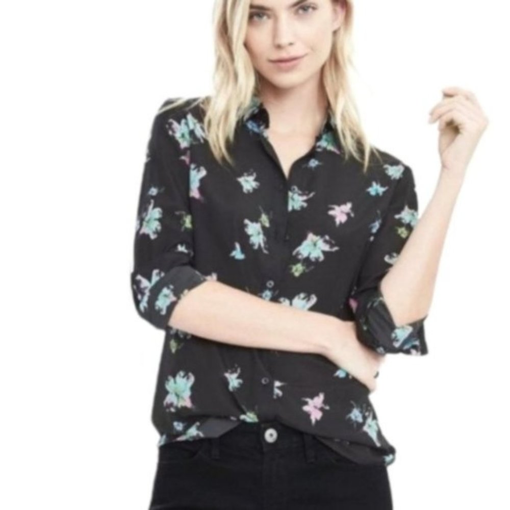 Banana Republic Black Long Sleeve Flowy Floral Button Down Shirt